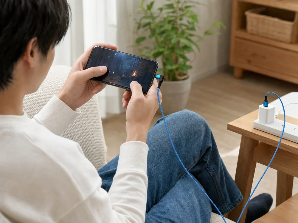 ソファで横向きのスマートフォンに青いL字USB-Cケーブルをつないで使う様子