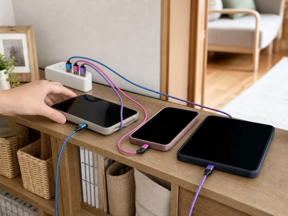 家族の充電スペースで色違いのL字USB-Cケーブルを使い分ける様子