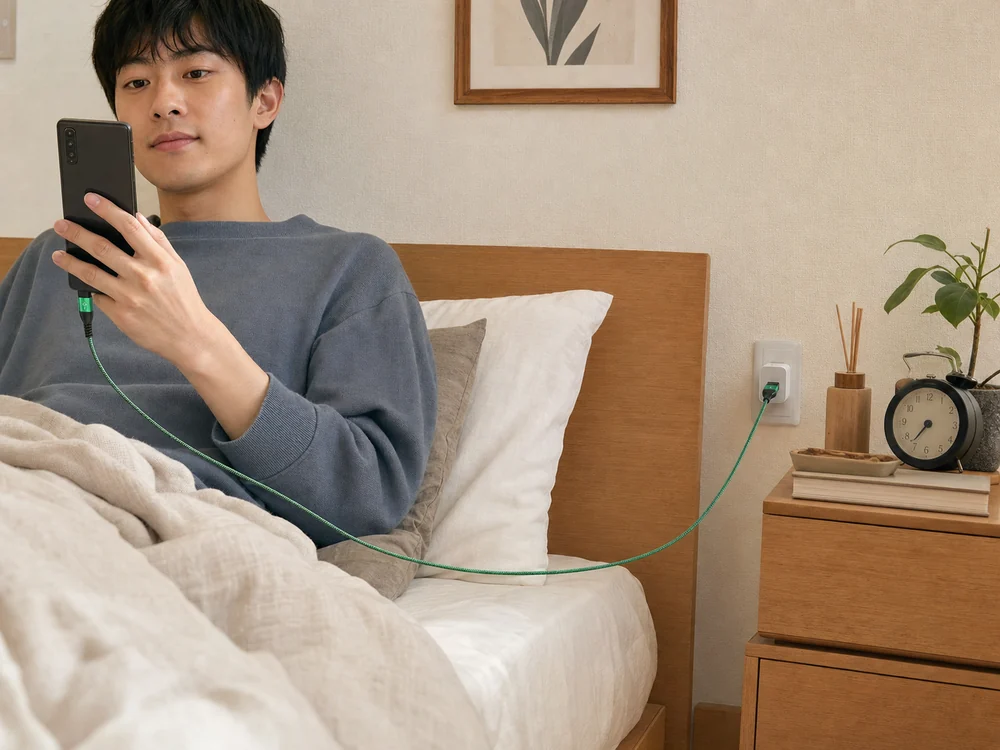 ベッドサイドのUSB-A充電器からスマートフォンまで緑のL字ケーブルを伸ばした様子