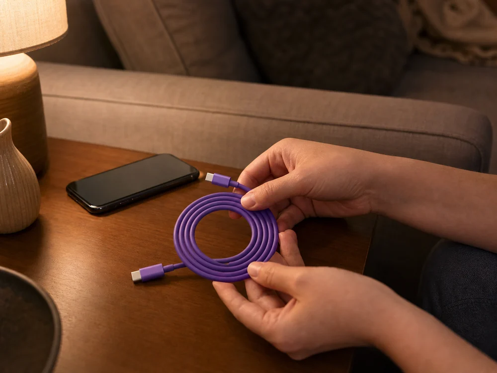 使用後に紫のUSB-Cケーブルを円形に巻き戻す様子