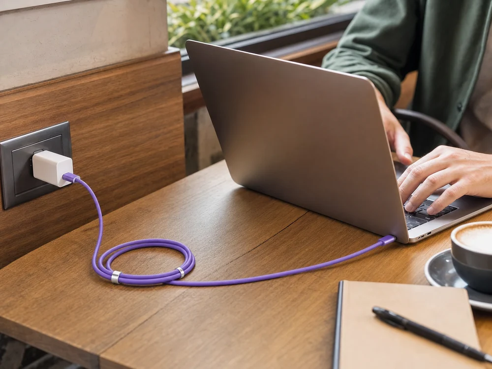 必要な長さだけ伸ばしてノートPCを充電する紫のUSB-Cケーブル