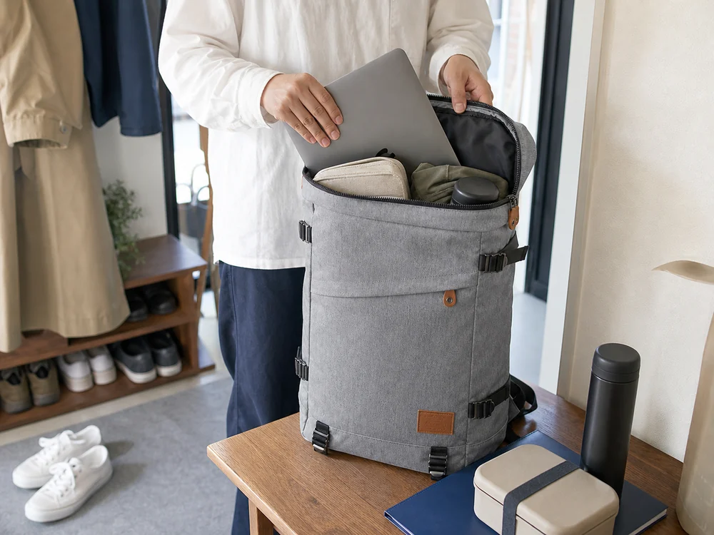 玄関でPCや書類などをヘザーグレーの25Lリュックに収める様子