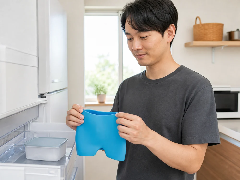 冷凍庫のそばで青い冷感ジェルキャップを両手に持つ男性