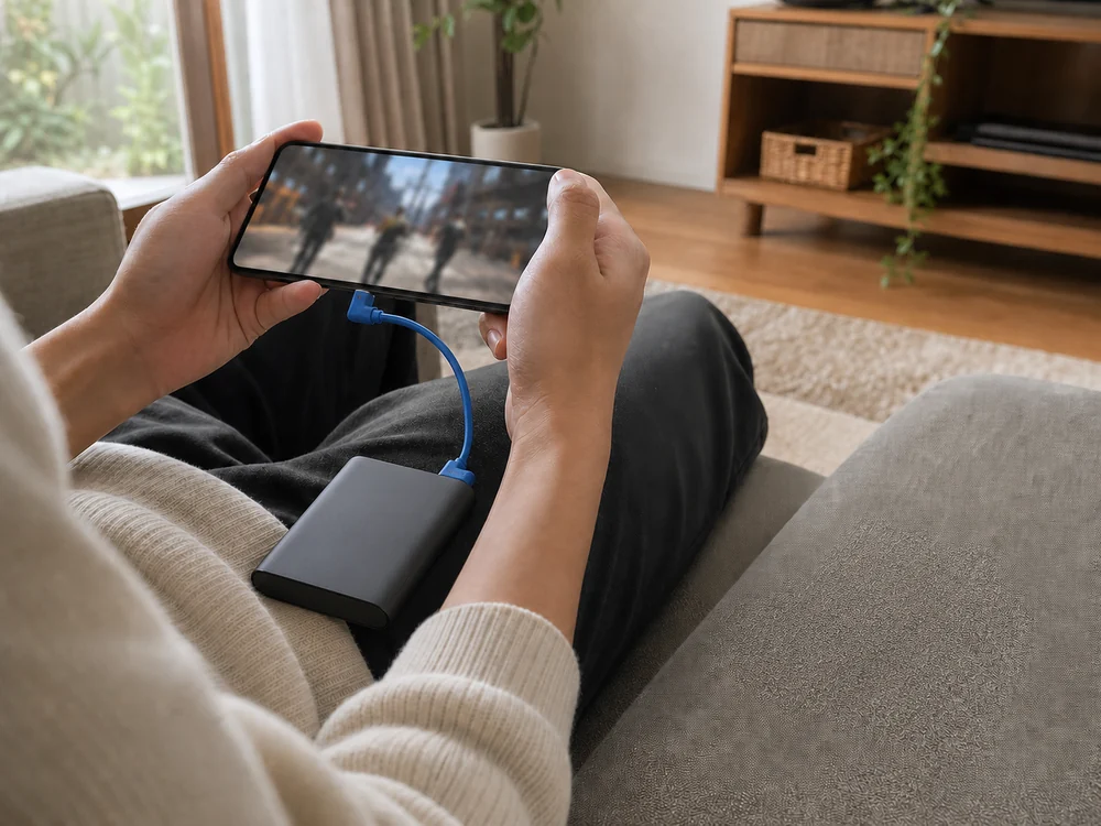 横持ちしたスマホと手元のモバイルバッテリーをつなぐ青いL字USB-Cケーブル