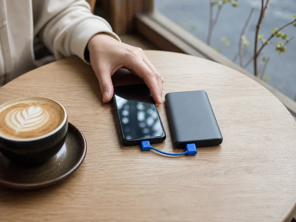 カフェのテーブルでスマホとモバイルバッテリーをつなぐ青い15cmのL字USB-Cケーブル