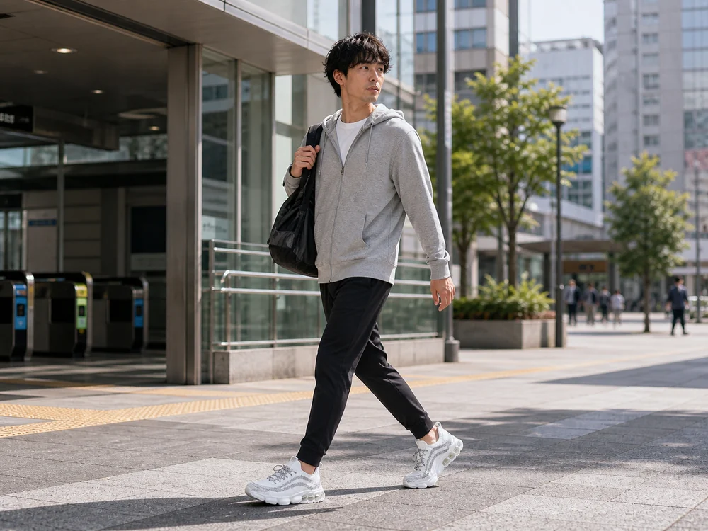 カジュアルな服装で移動中の男性が白グレーの厚底スニーカーを履いている様子