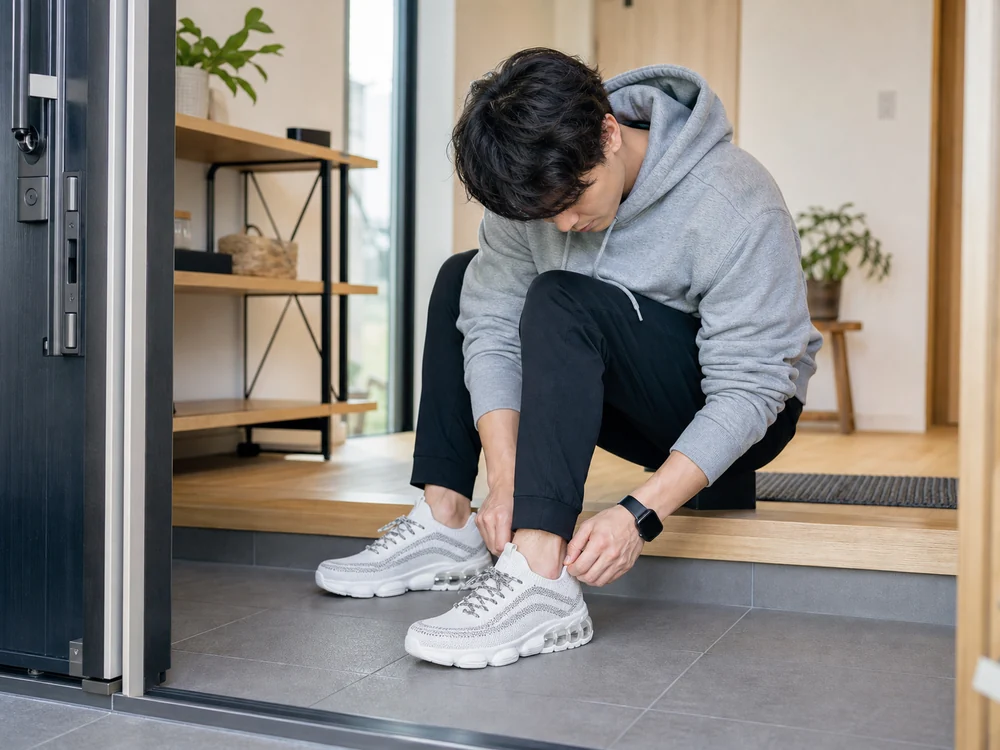 玄関で白グレーの厚底スニーカーをさっと履いて外出する男性