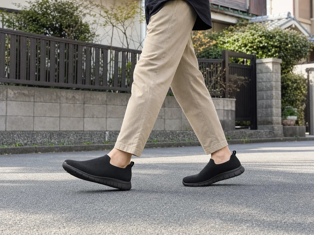 晴れた住宅街を黒いニットスリッポンで歩く様子