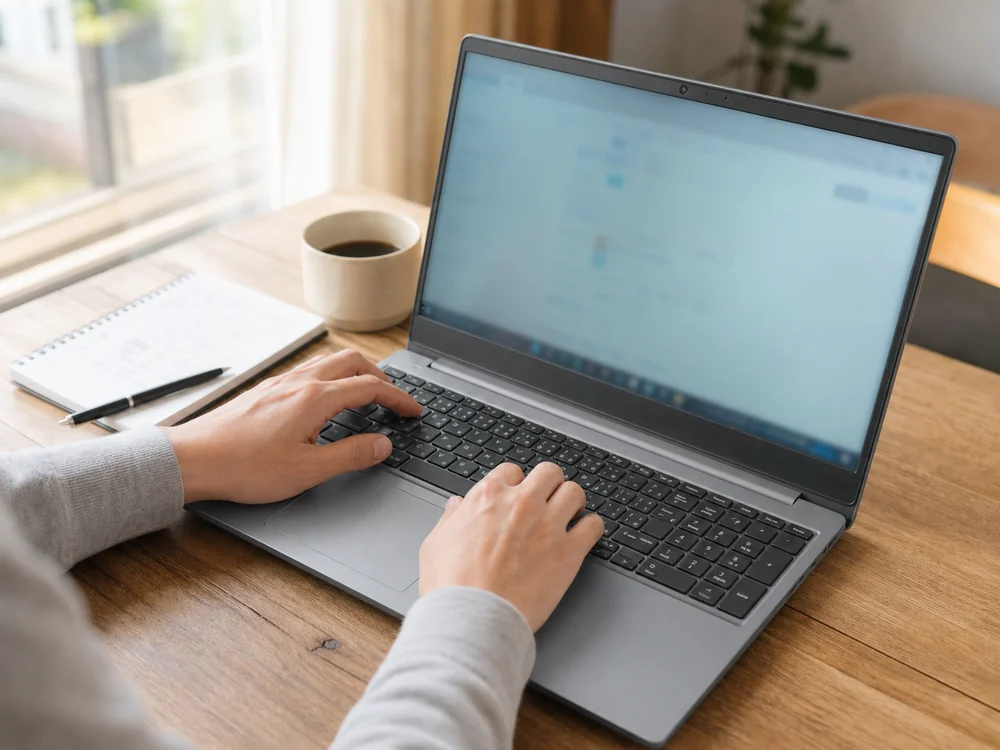 交換後の黒い日本語配列キーボードを搭載したノートPCで文書を入力する手元