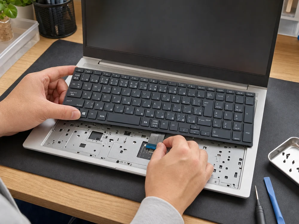ノートPCの日本語キーボードを持ち上げてフィルムケーブルを慎重に接続する交換作業