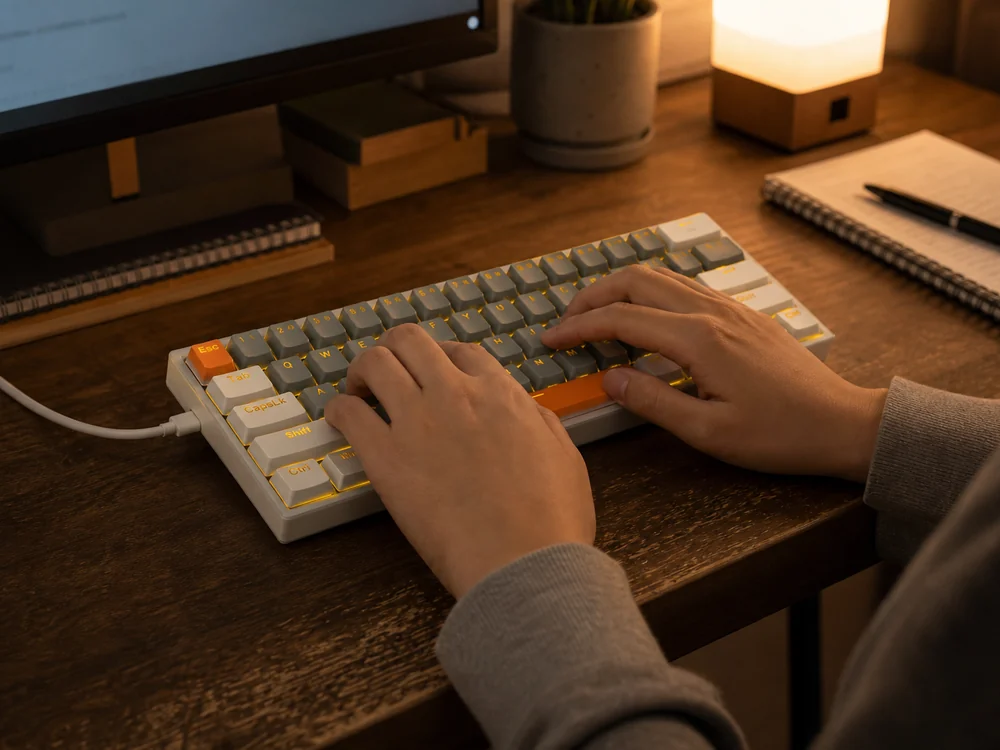 黄色いバックライトが光るグレーと白の61キーキーボードで入力する様子