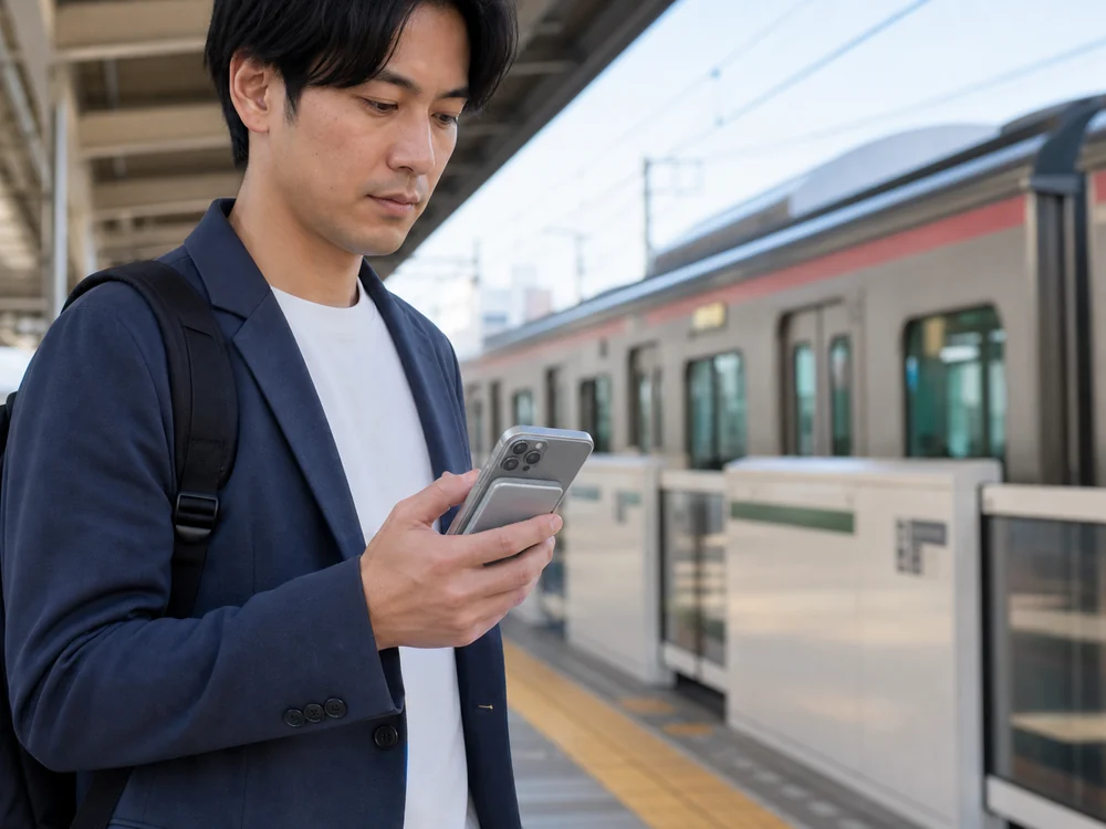 駅のホームでスマートフォン背面に銀色のモバイルバッテリーを装着して操作する人