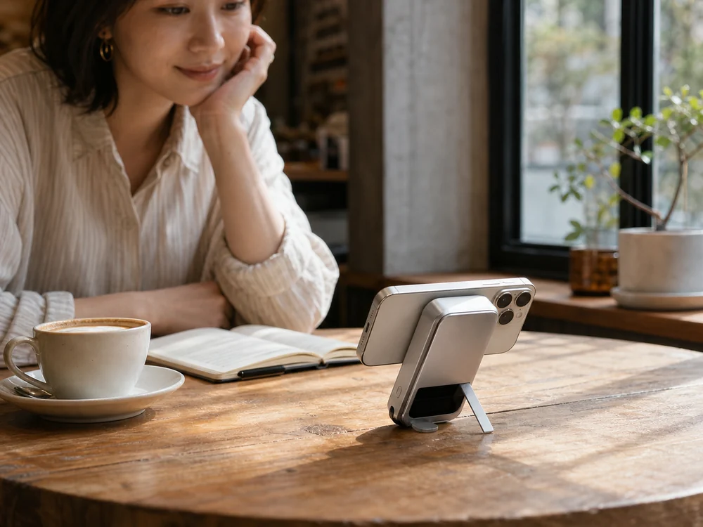 カフェでモバイルバッテリーのスタンドにスマートフォンを横置きして画面を見る人