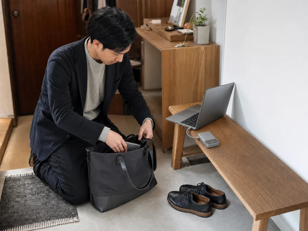 玄関先で内蔵USB-CケーブルからノートPCを充電しながら仕事用バッグを準備する人