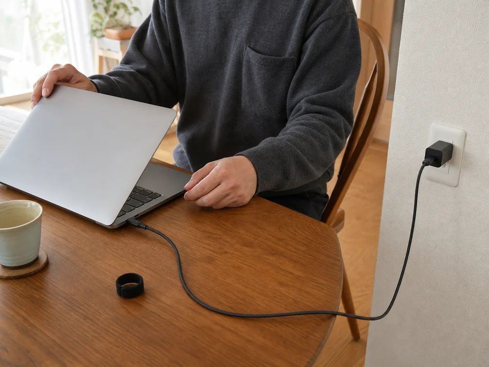 黒いナイロンメッシュのUSB-CケーブルでノートPCを充電する場面
