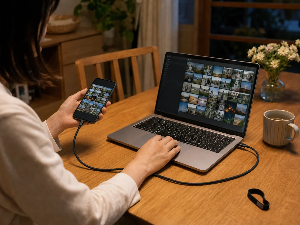 スマートフォンとノートPCをUSB-Cケーブルでつなぐ場面