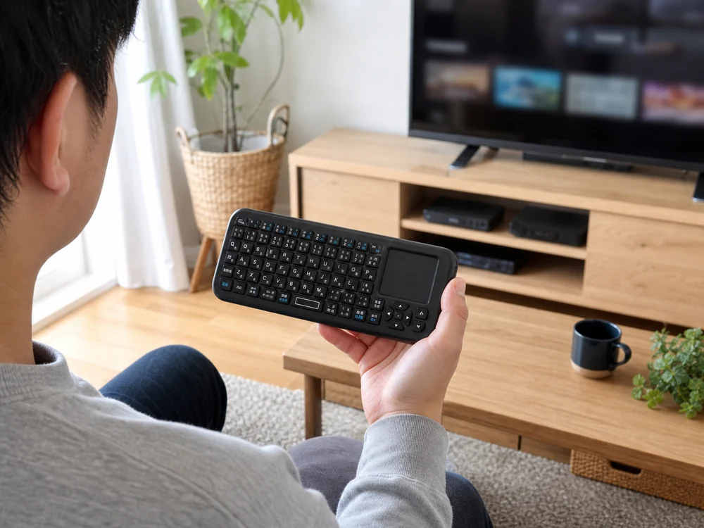 リビングでテレビ操作に使う手のひらサイズのEwinミニキーボードのイメージ