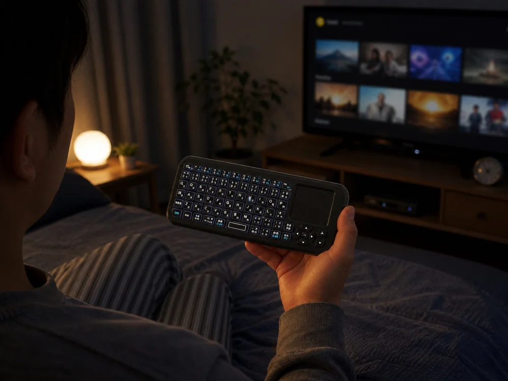 夜の部屋でバックライトを活かして使うEwinミニキーボードのイメージ