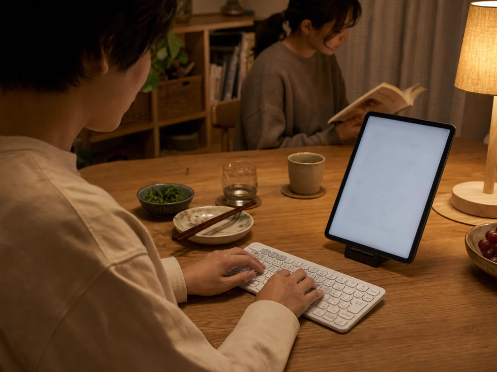 夜のダイニングで白いEwinキーボードを使いタブレットに入力する様子