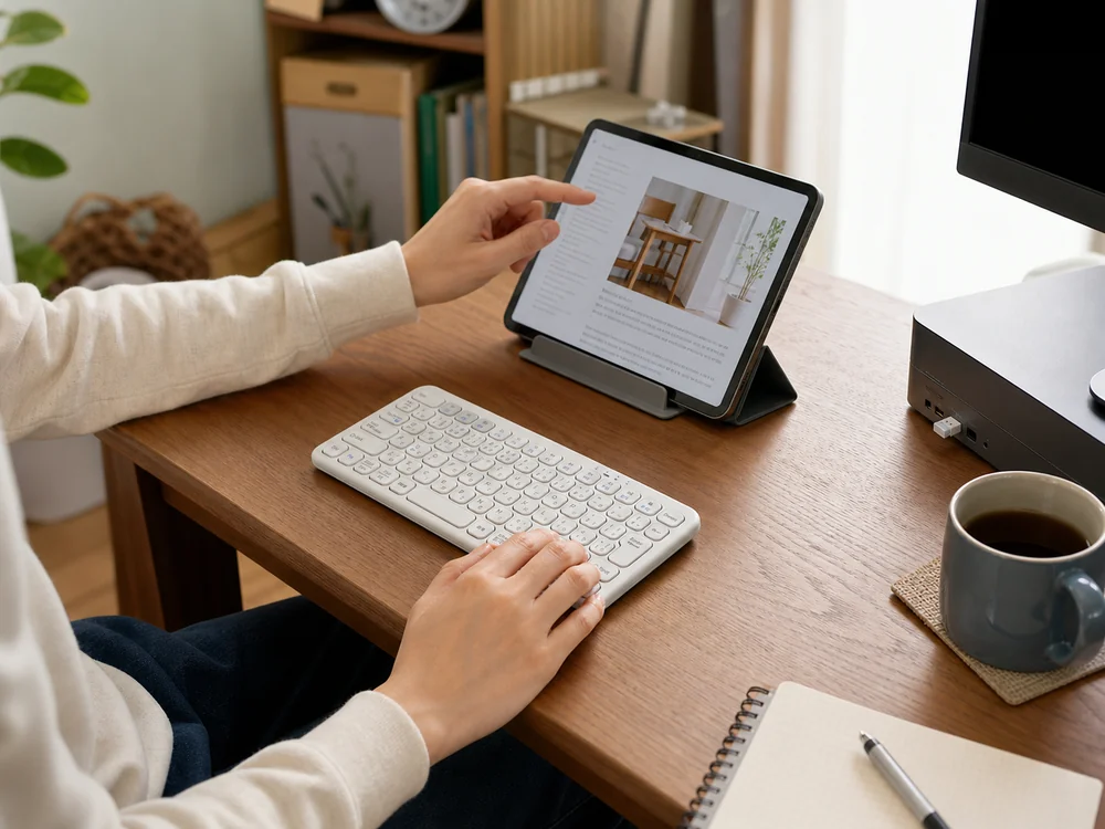 USBレシーバーを挿したPCとスタンド上のタブレットをEwinキーボードで使う様子