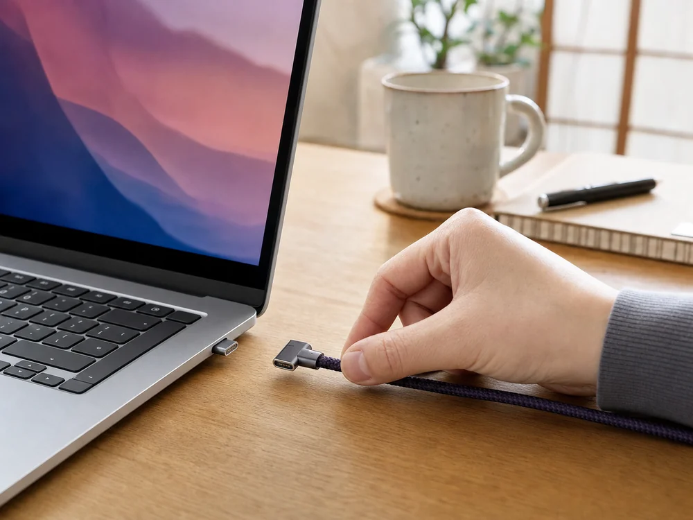 ノートPCに横L字型の紫色マグネットUSB-Cケーブルを近づけて接続する手元