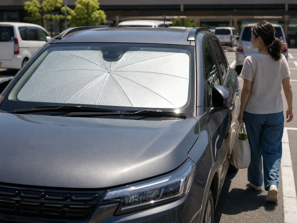 夏の駐車場で銀色の傘型サンシェードを設置した車へ戻る様子