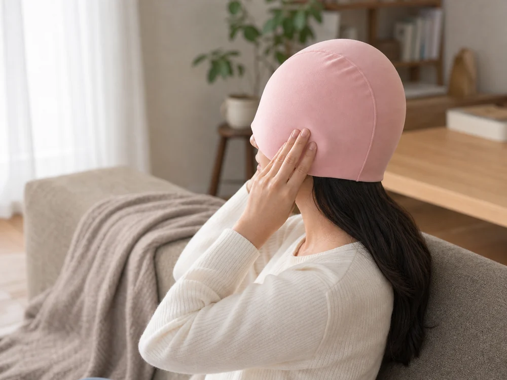 前頭部から後頭部まで包むピンクのジェルアイマスクを整える様子
