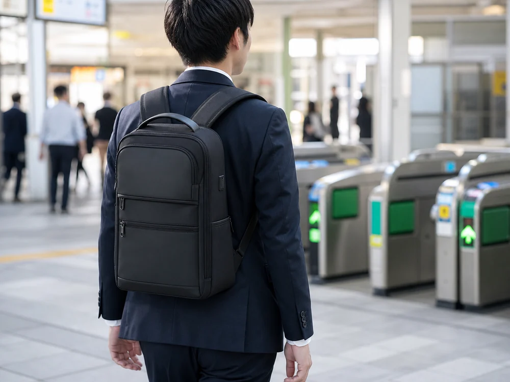 拡張前の黒いビジネスリュックを背負って駅の改札へ向かう通勤者