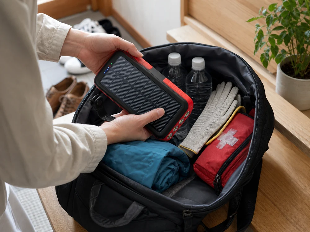玄関で赤黒の大容量ソーラーモバイルバッテリーが防災バッグに入るか両手で確かめる様子