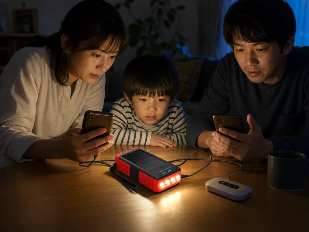 停電したリビングで4灯LEDを点灯し家族のスマホとモバイルWi-Fiに給電する赤黒のソーラーモバイルバッテリー