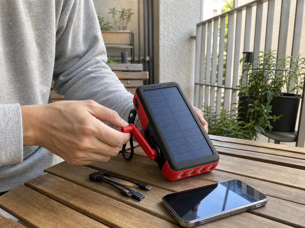 ベランダで赤黒のソーラーモバイルバッテリーのパネルを日光に向け手回しハンドルを確かめる様子