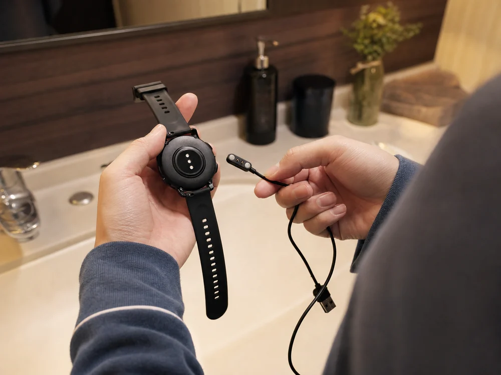 丸型スマートウォッチに磁気式充電ケーブルを近づけて充電位置を合わせる様子