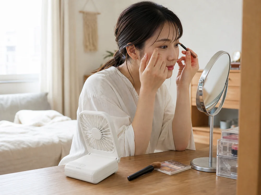 メイク中に白い折りたたみ式ハンディファンを卓上で使う様子