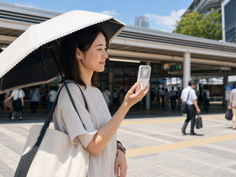夏の駅前で白い薄型ハンディファンを手に持って涼む女性