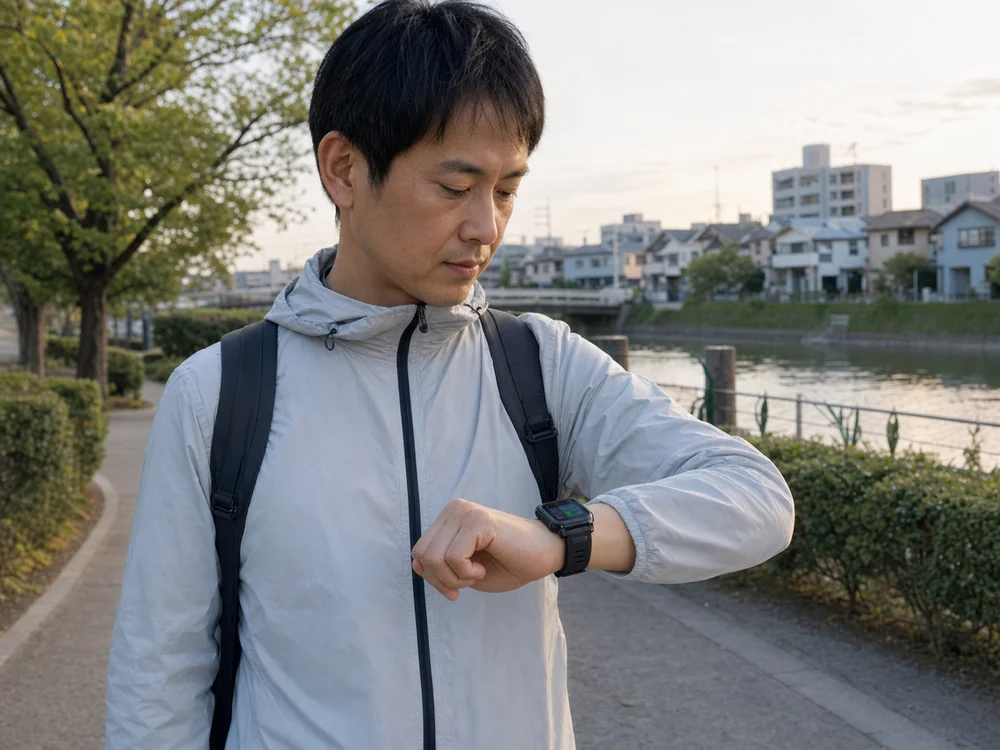 川沿いの散歩中に黒いGPSスマートウォッチを確認する男性