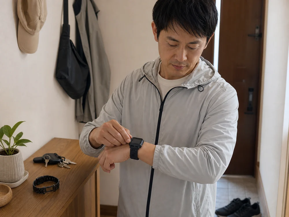 玄関で黒いスマートウォッチのベルトを替える男性