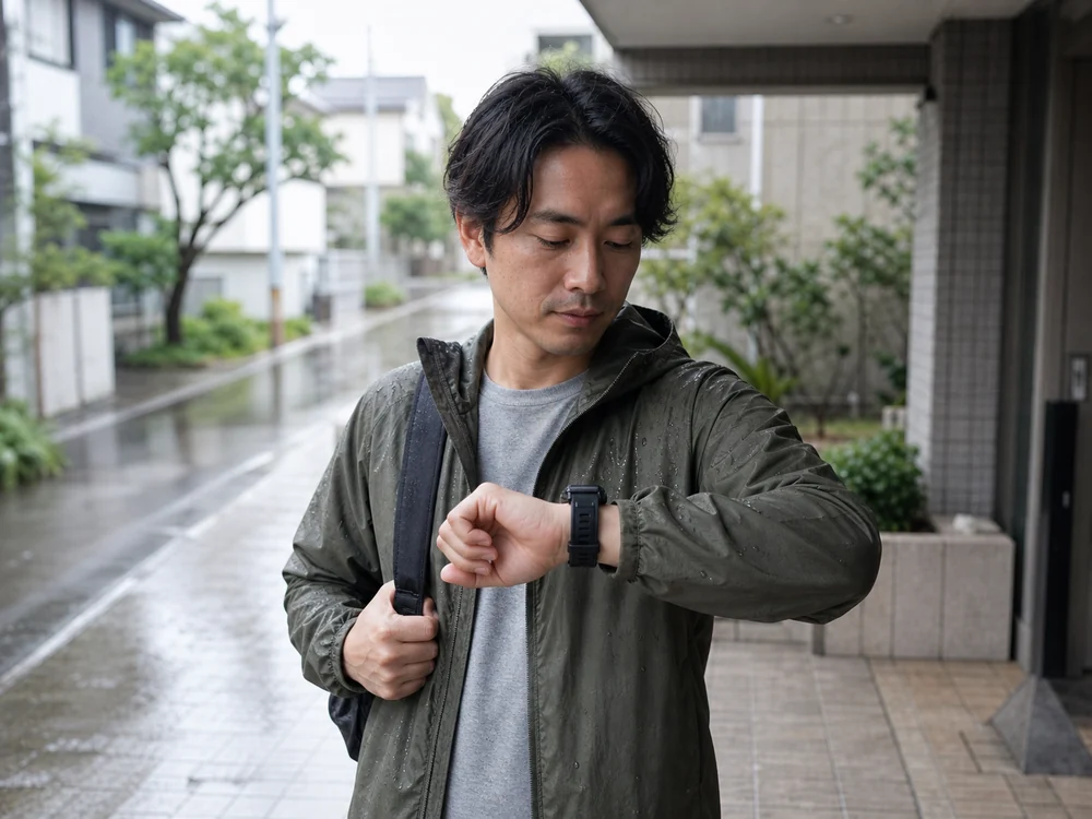 雨の日の帰宅時に黒いスマートウォッチの通知を確認する男性