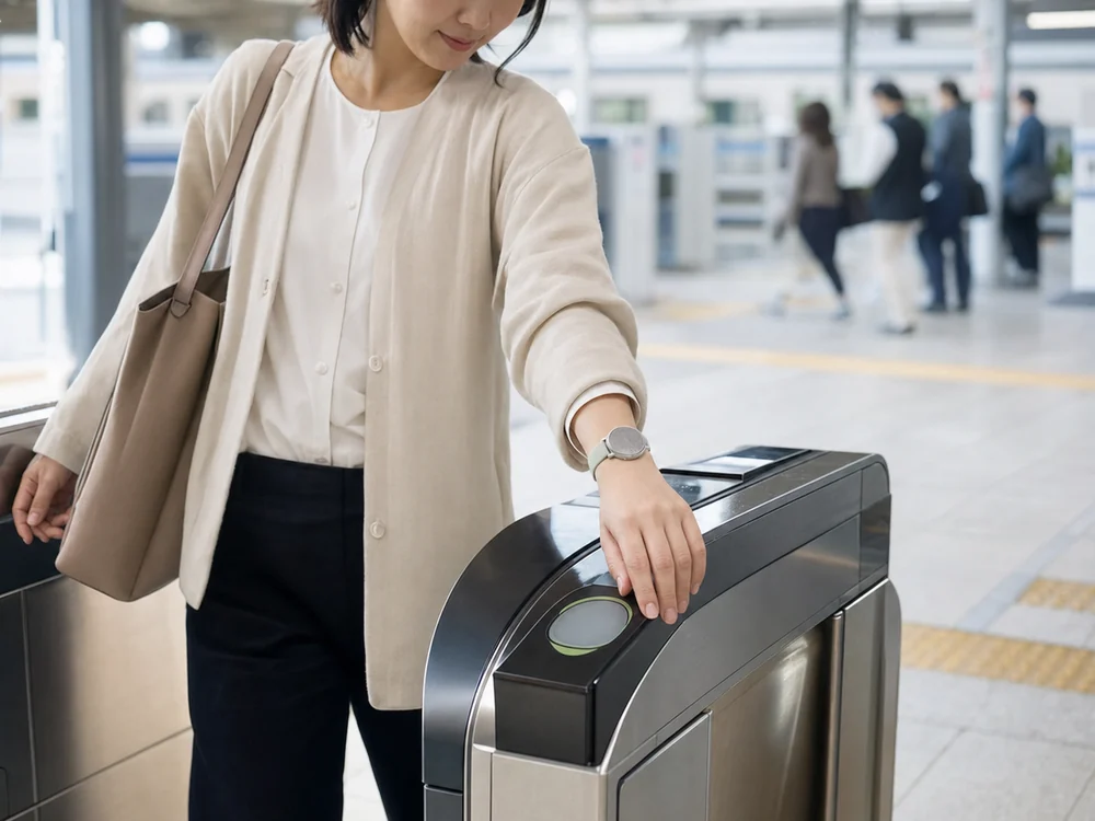 駅の改札でLily 2 Classicをかざして通過する女性