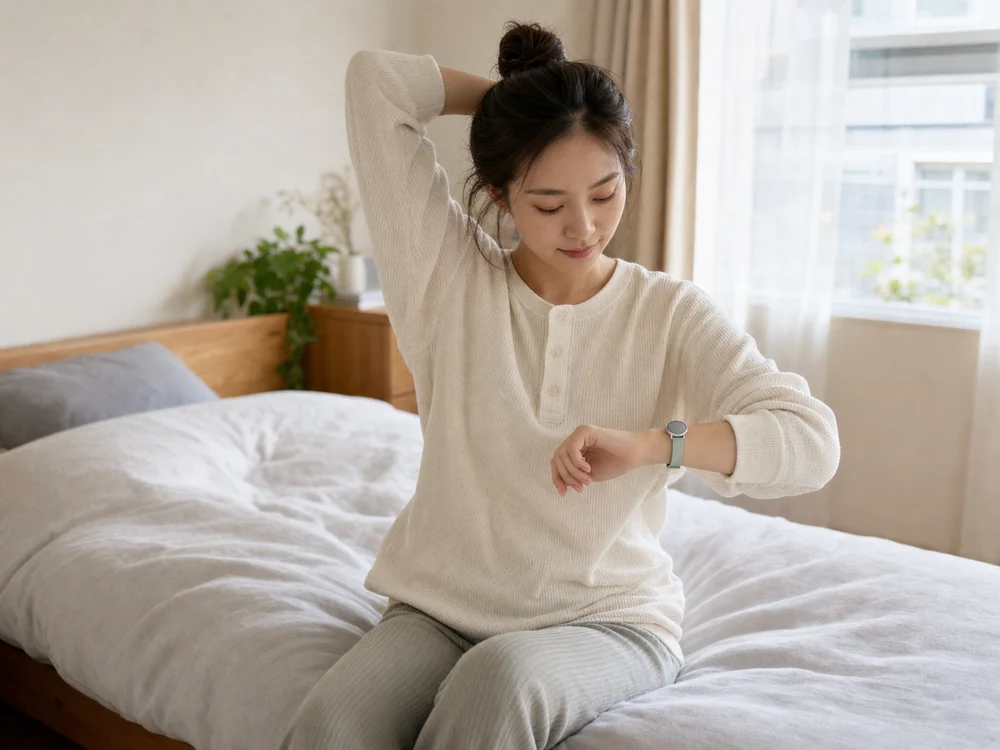 朝の寝室でLily 2 Classicを見ながらコンディションを確認する女性