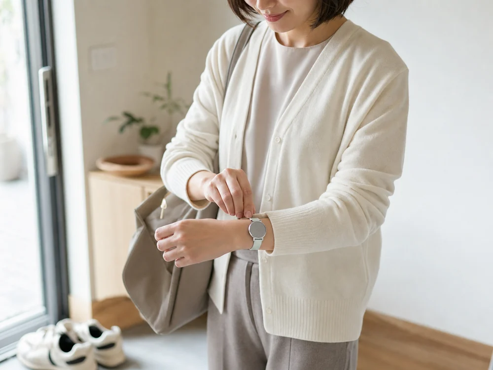 玄関で服装を整えながら小型のLily 2 Classicを着けた女性