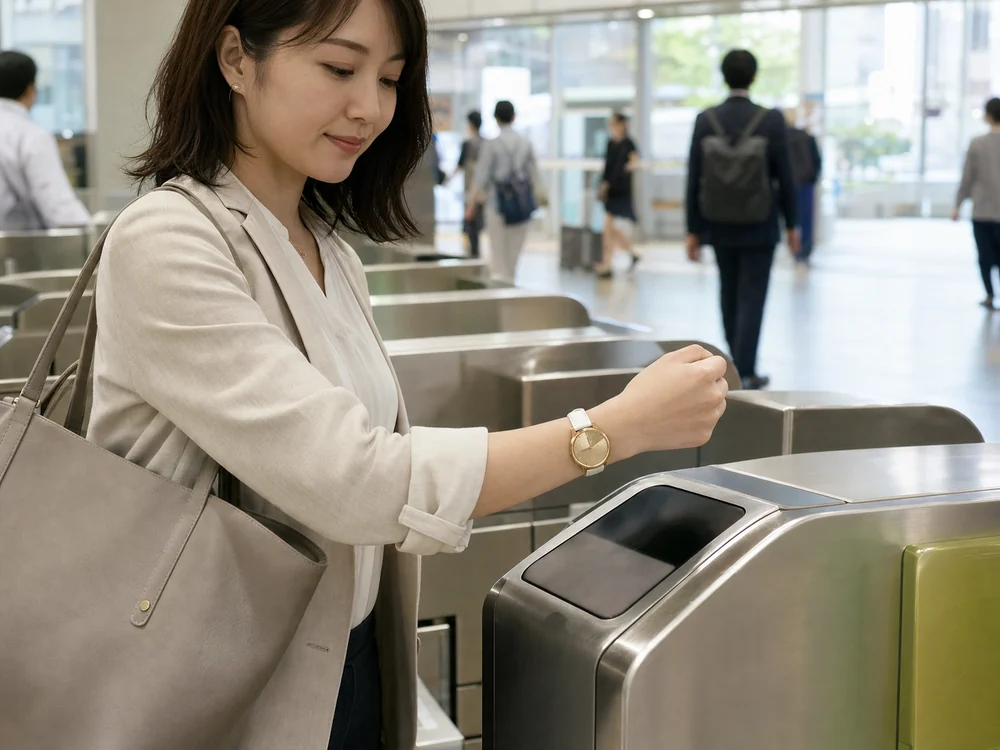 駅の改札で白い革ベルトのゴールド色ハイブリッドスマートウォッチをかざす様子