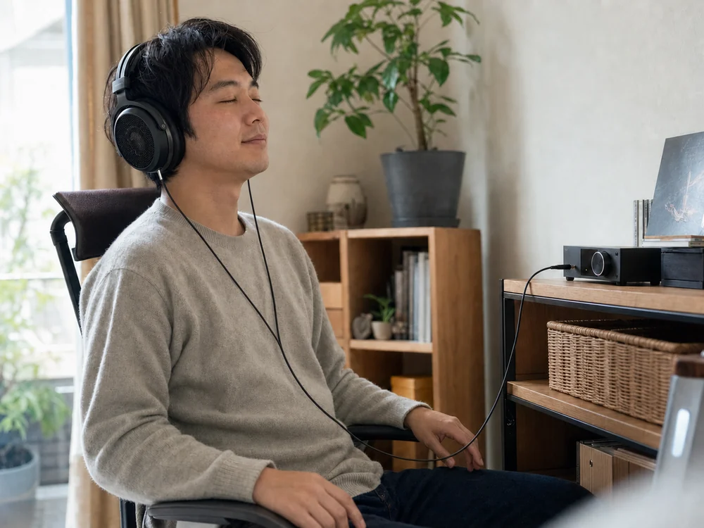 黒い交換ケーブルをヘッドホンとオーディオ機器につないで音楽を聴く様子