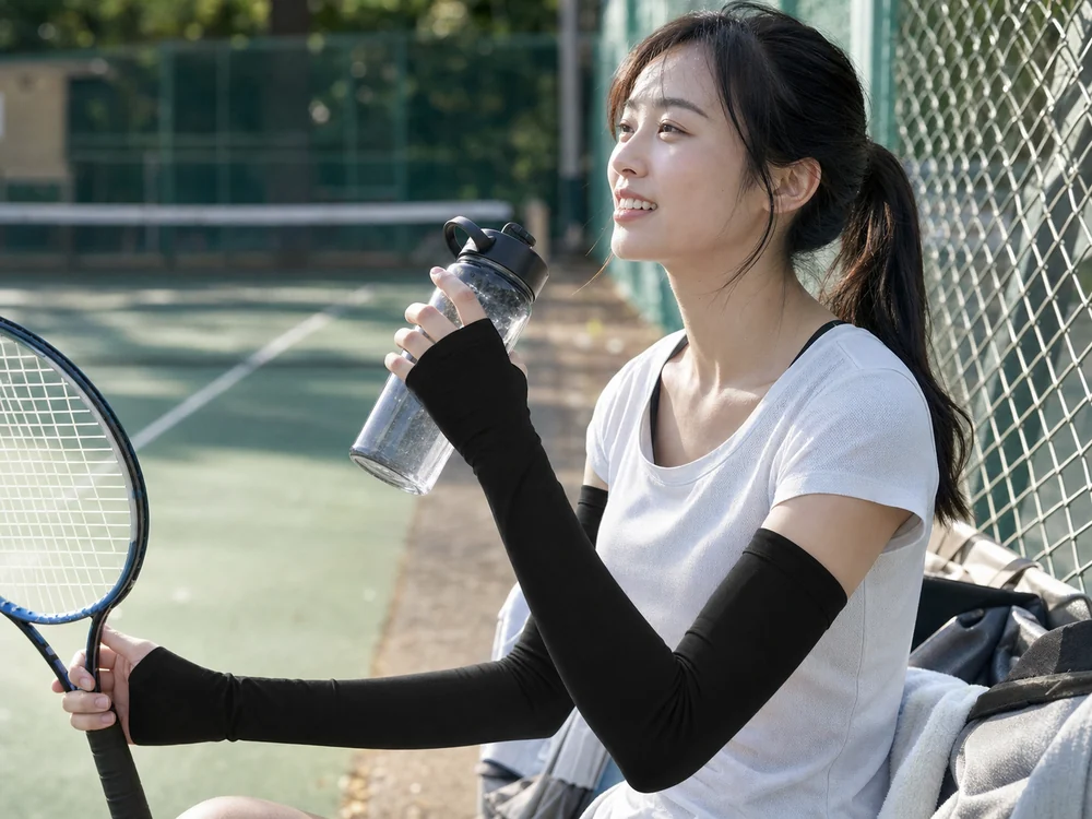 黒い冷感アームカバーを着けて屋外テニスの休憩をとる女性