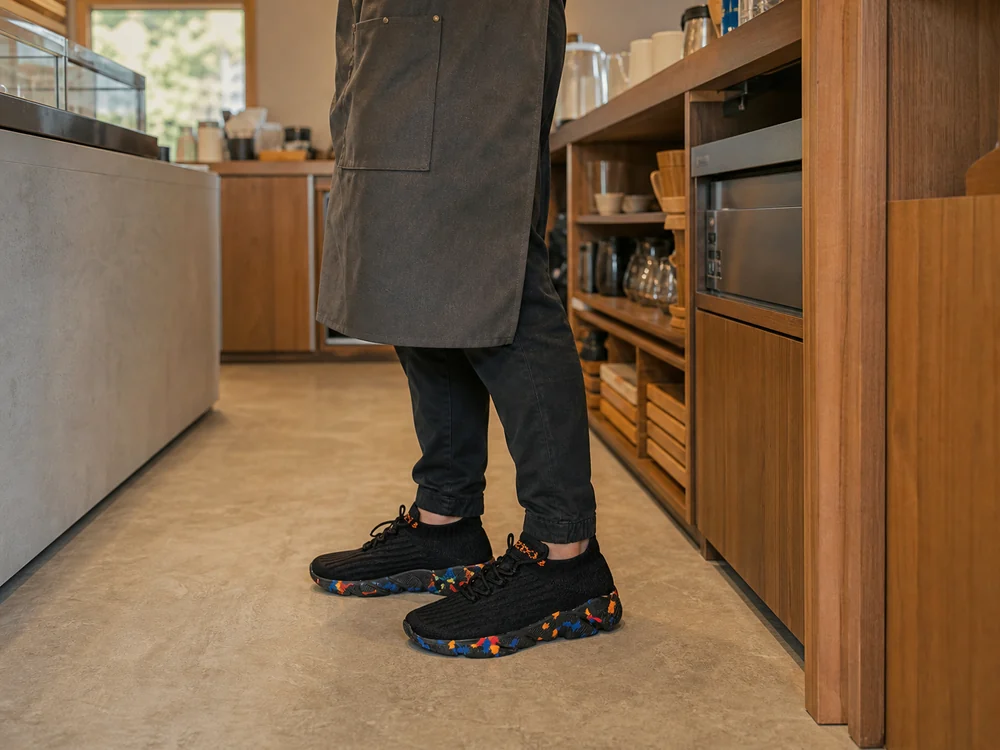 カフェのカウンター内で黒いニット厚底スニーカーを履いて立つ足元