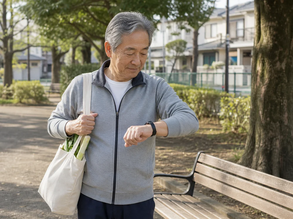 買い物帰りに黒い歩数計型スマートウォッチを確認する男性