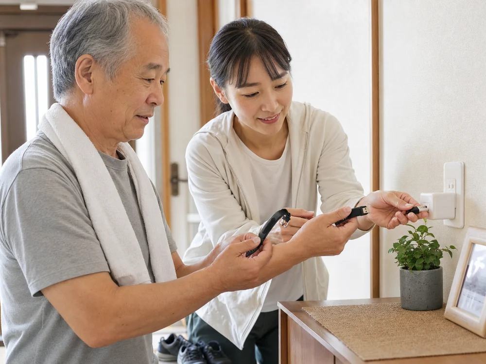 自宅で黒い歩数計型スマートウォッチをUSB端子に差し込む親子