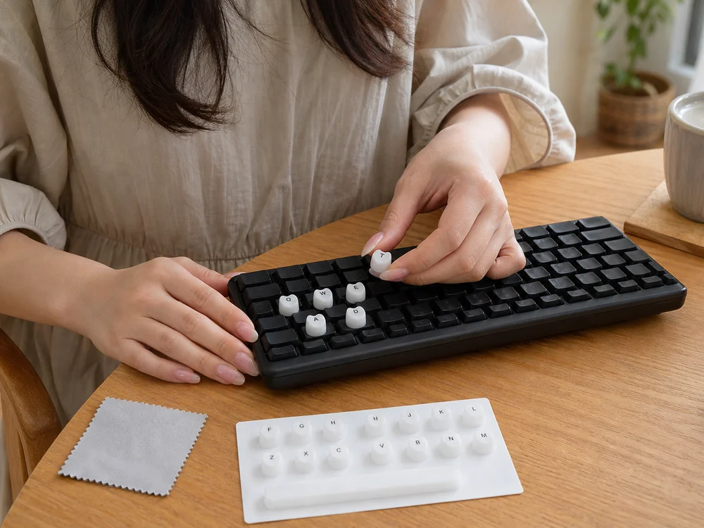 黒いキーボードへ白いハート形シリコンパーツを数個貼って間隔を確かめる様子