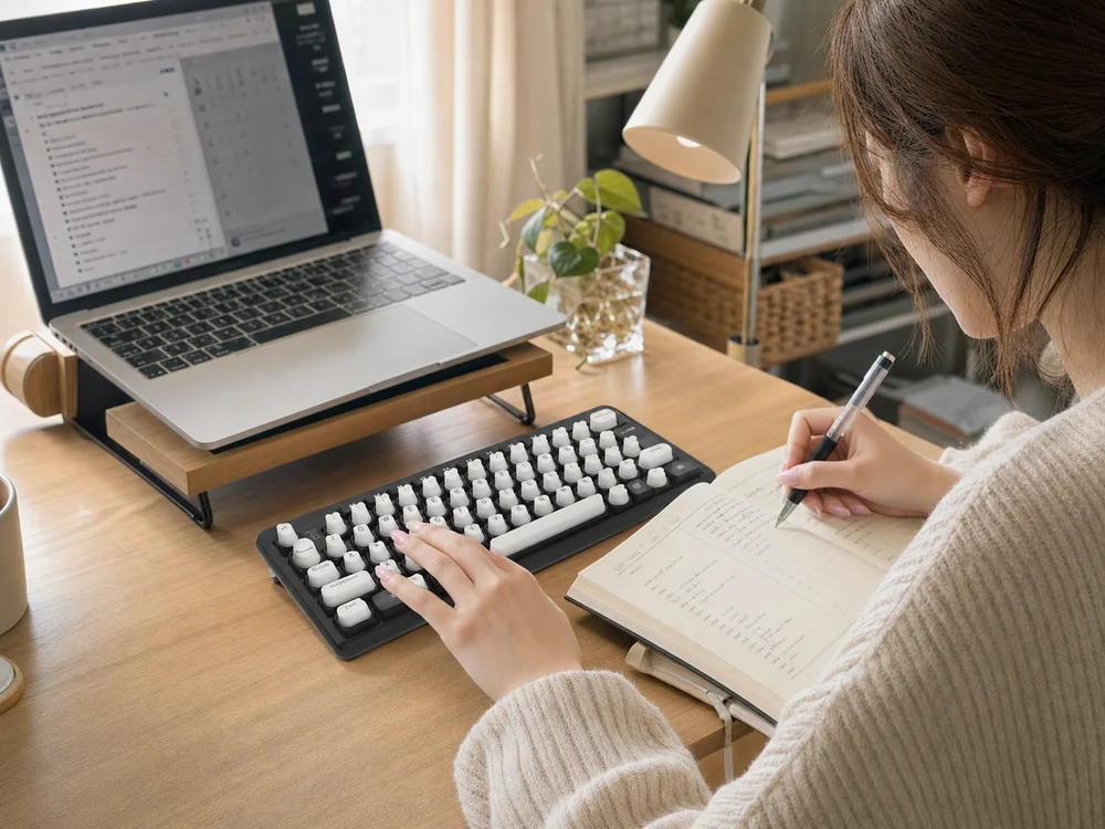 長い淡いピンクのネイルでハート形シリコンパーツ付きの外付けキーボードを使う在宅作業