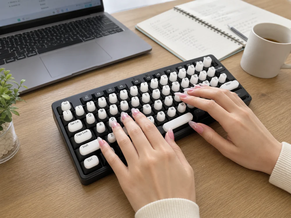 長いピンクのネイルで白いハート形キーボードシールを付けた黒いキーボードを打つ様子