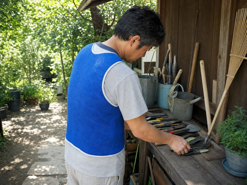 青い冷却ベストを着て日陰の作業台で園芸道具を選ぶ人
